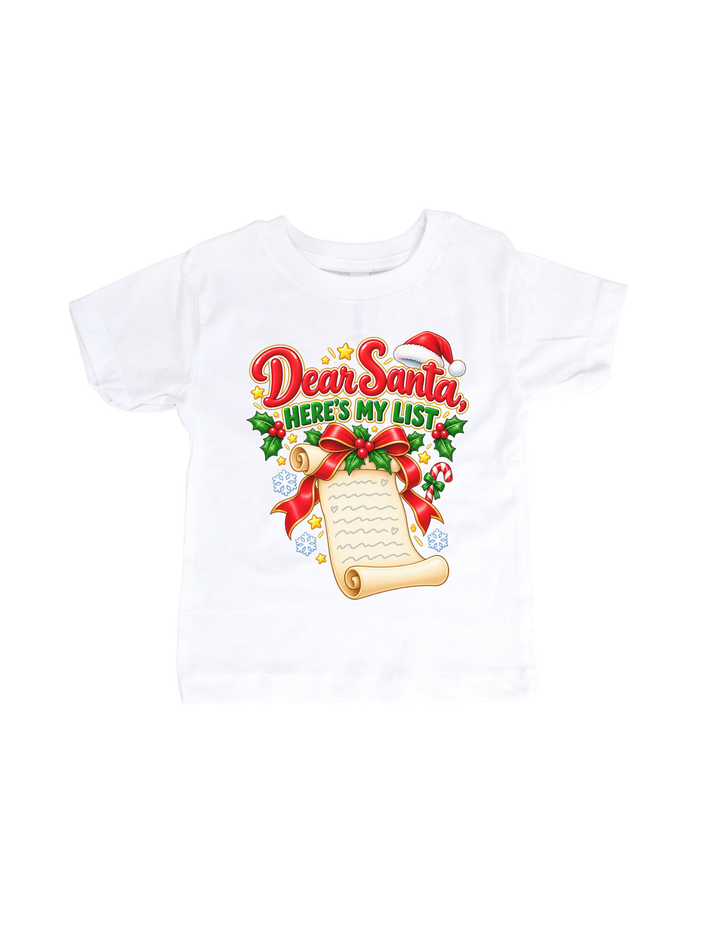 Dear Santa, Here’s My List Christmas design on a white kids’ T-shirt