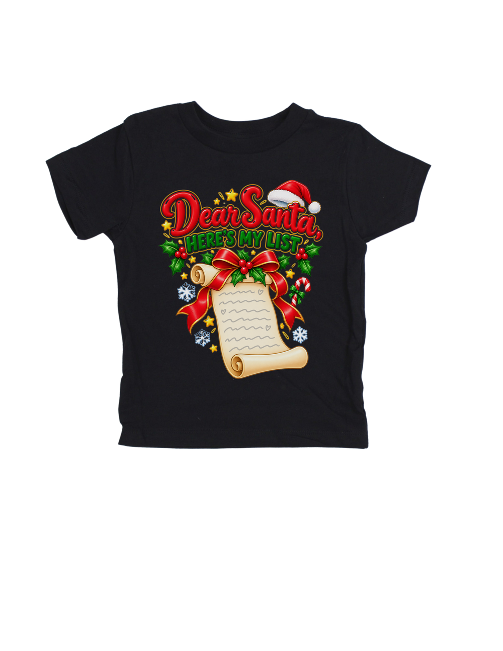 Dear Santa, Here’s My List Christmas design on a black kids’ T-shirt