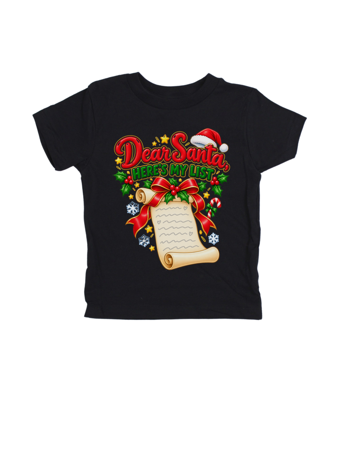 Dear Santa, Here’s My List Christmas design on a black kids’ T-shirt