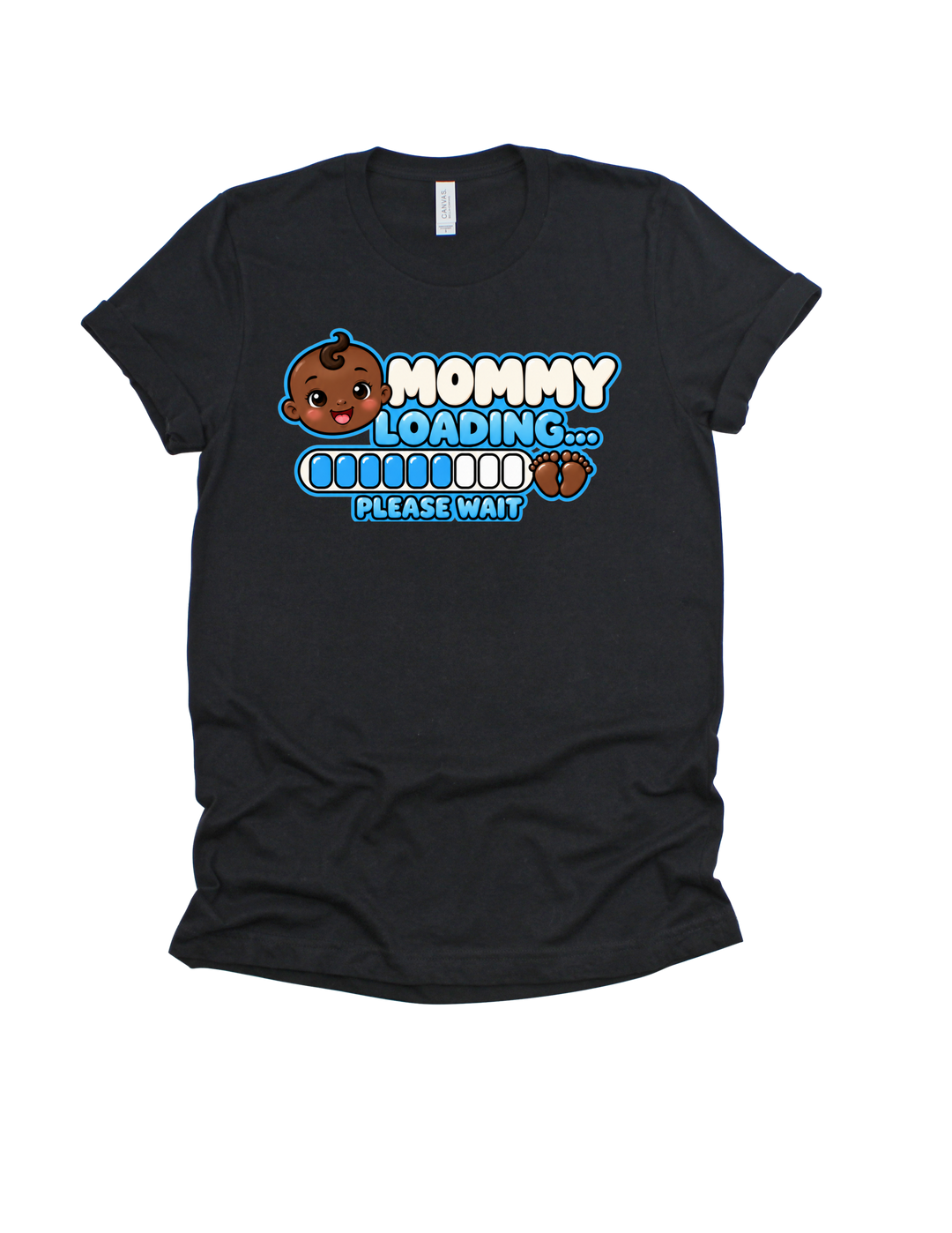 Baby Boy Loading Mommy T-shirt with dark skin tone on black