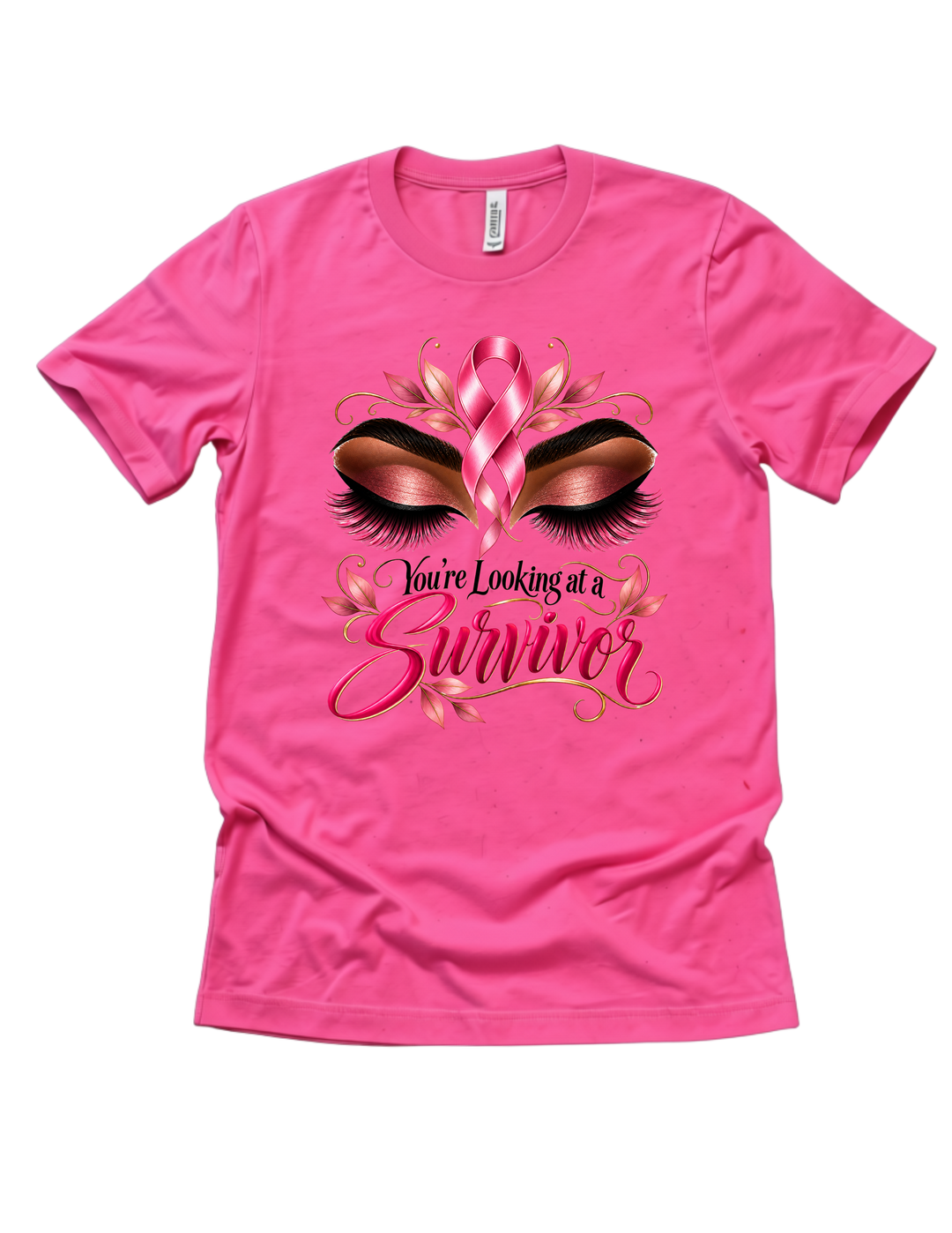You’re Looking at a Survivor breast cancer awareness design on a pink adult T-shirt
