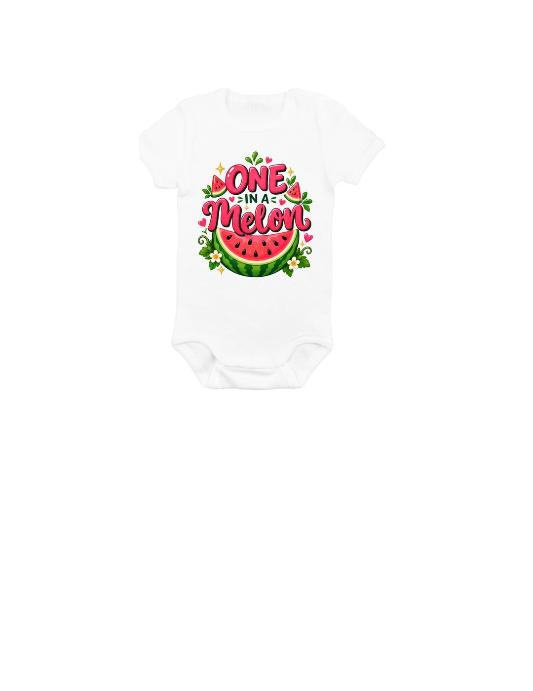 One in a Melon first birthday design on a white baby onesie