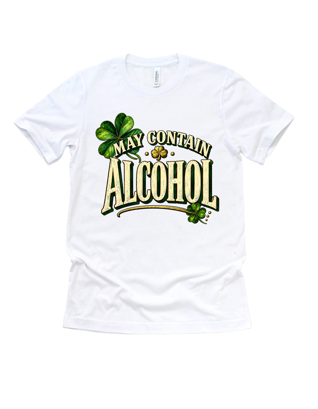 May Contain Alcohol St. Patrick’s Day T-shirt in white, design A