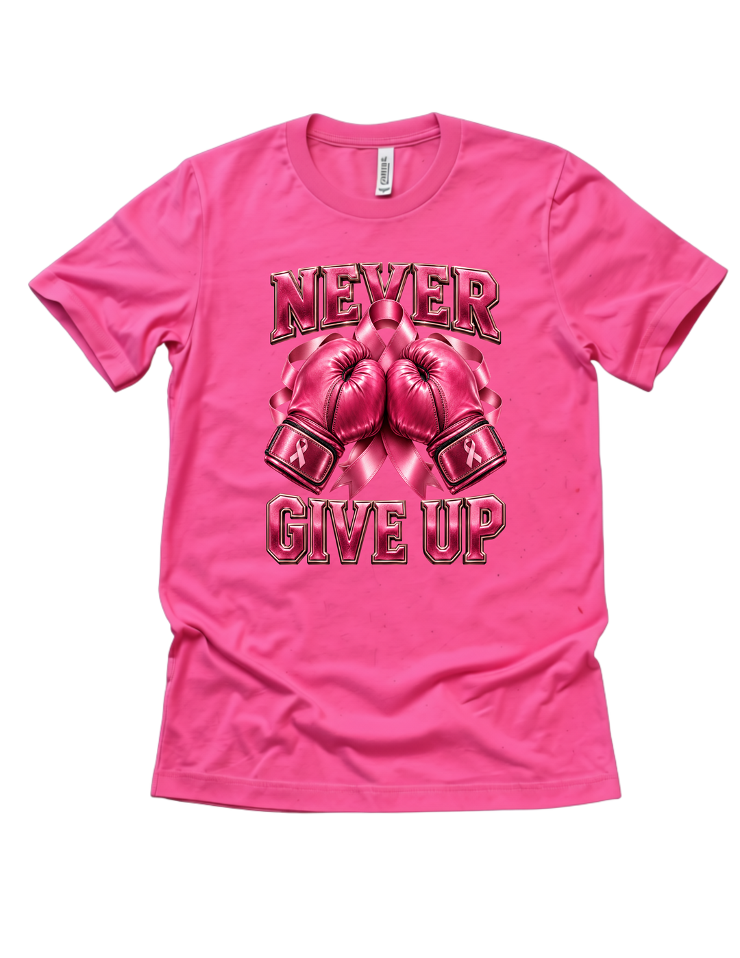 Never Give Up breast cancer awareness design on a pink adult T-shirt