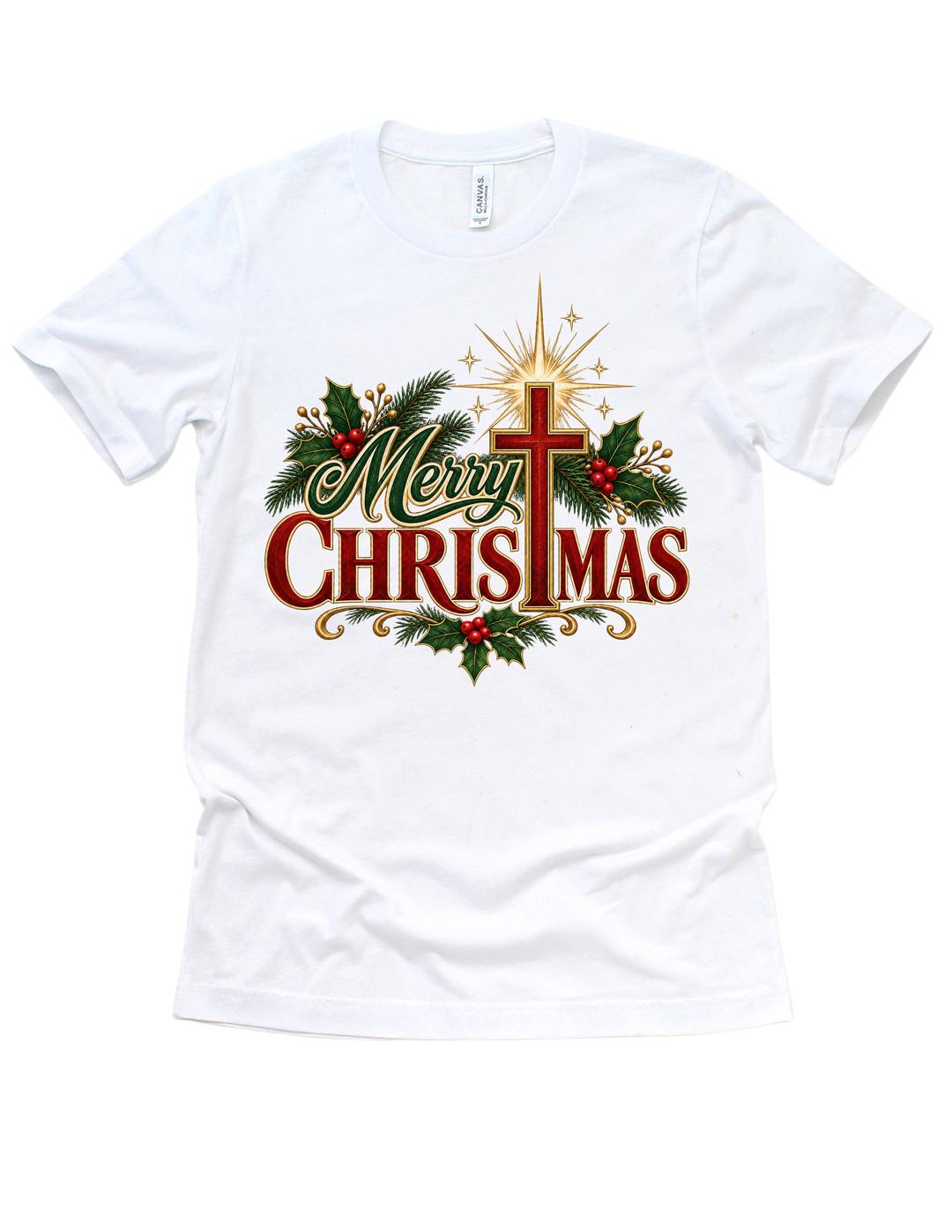 Merry Christmas faith-based design with an emphasized T on a white adult T-shirt