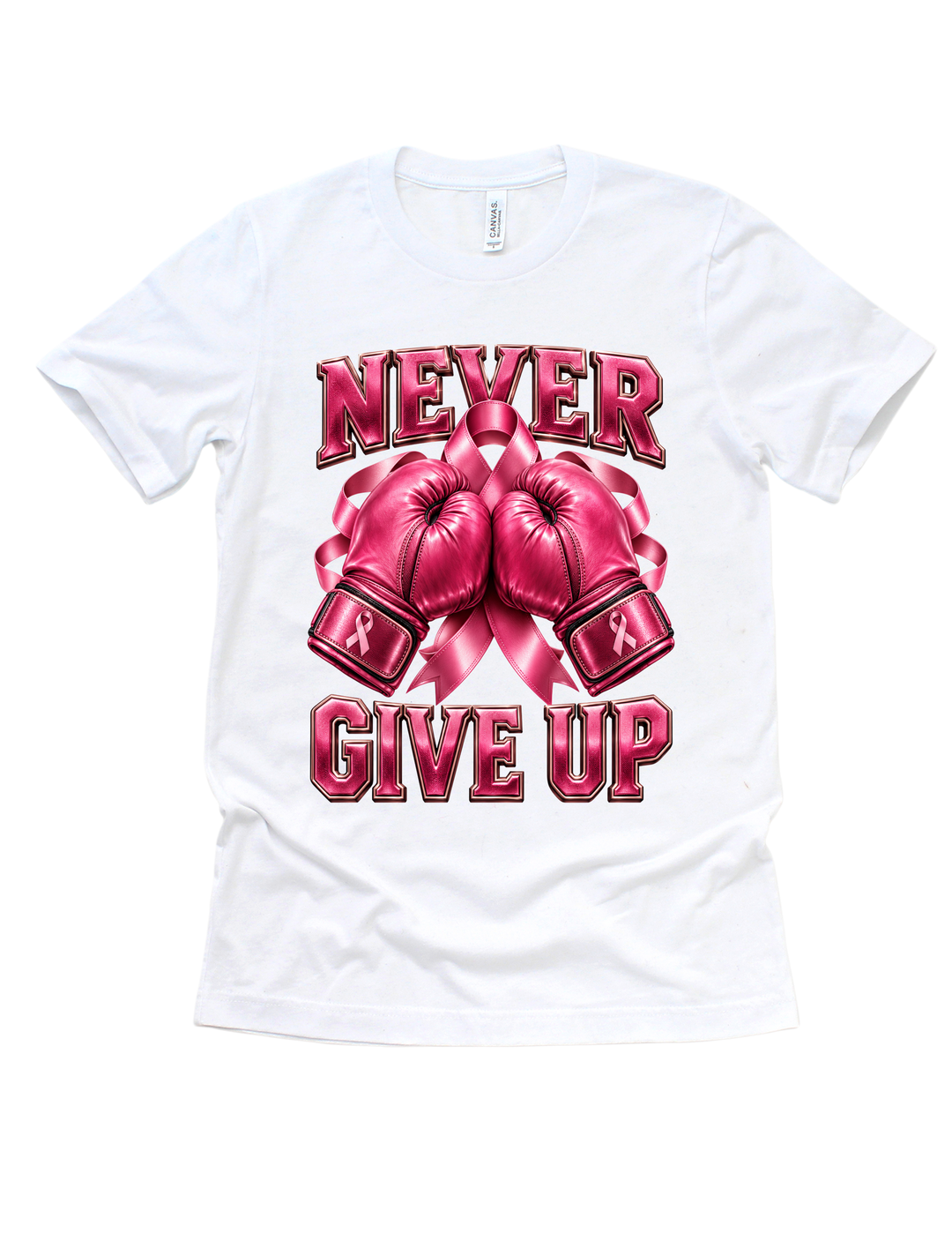 Never Give Up breast cancer awareness design on a white adult T-shirt