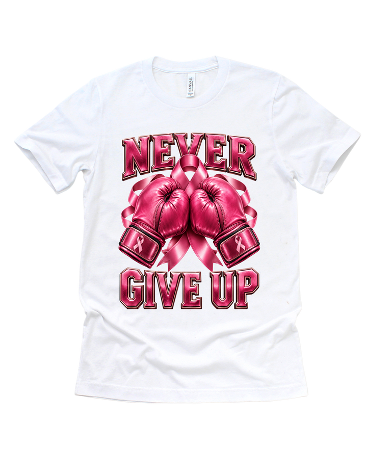 Never Give Up breast cancer awareness design on a white adult T-shirt