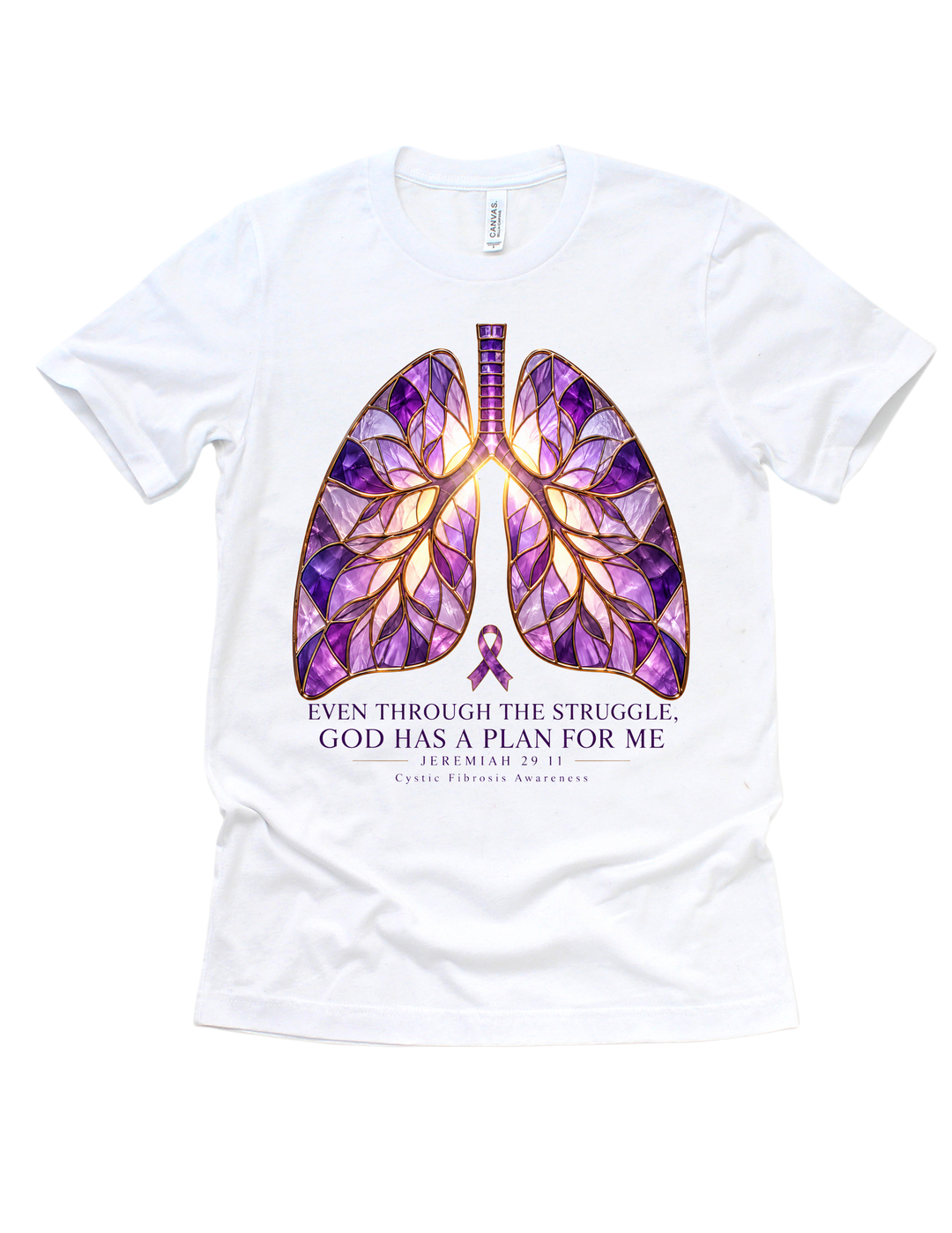 White cystic fibrosis awareness T-shirt with colorful lungs and God Has a Plan for Me design