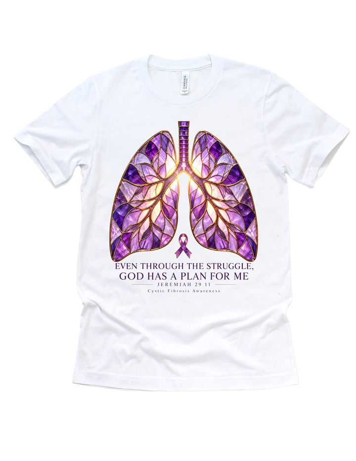 White cystic fibrosis awareness T-shirt with colorful lungs and God Has a Plan for Me design
