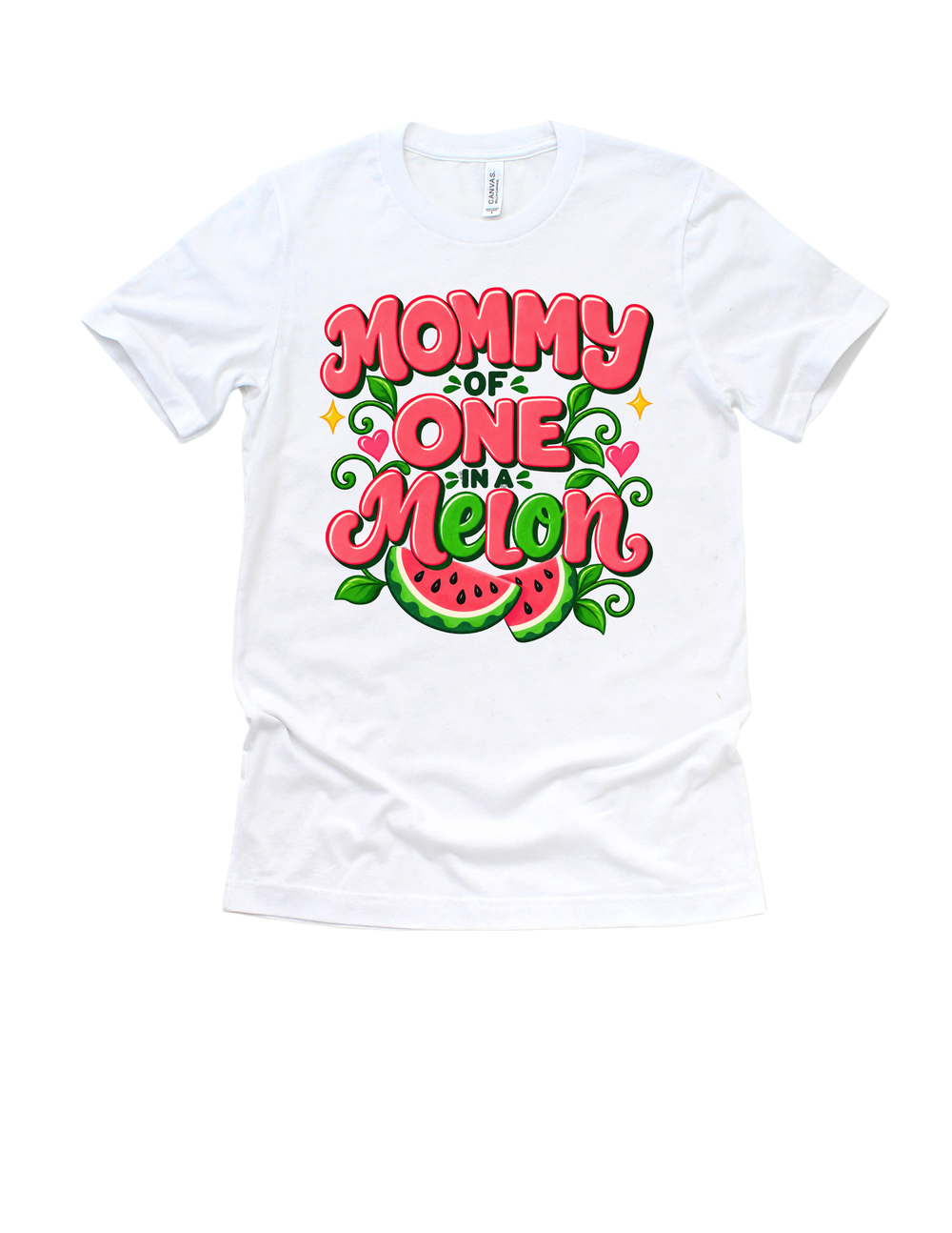 Mommy of the One in a Melon design on a white adult T-shirt
