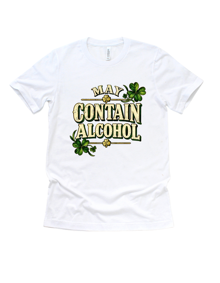 May Contain Alcohol St. Patrick’s Day T-shirt in white, design B