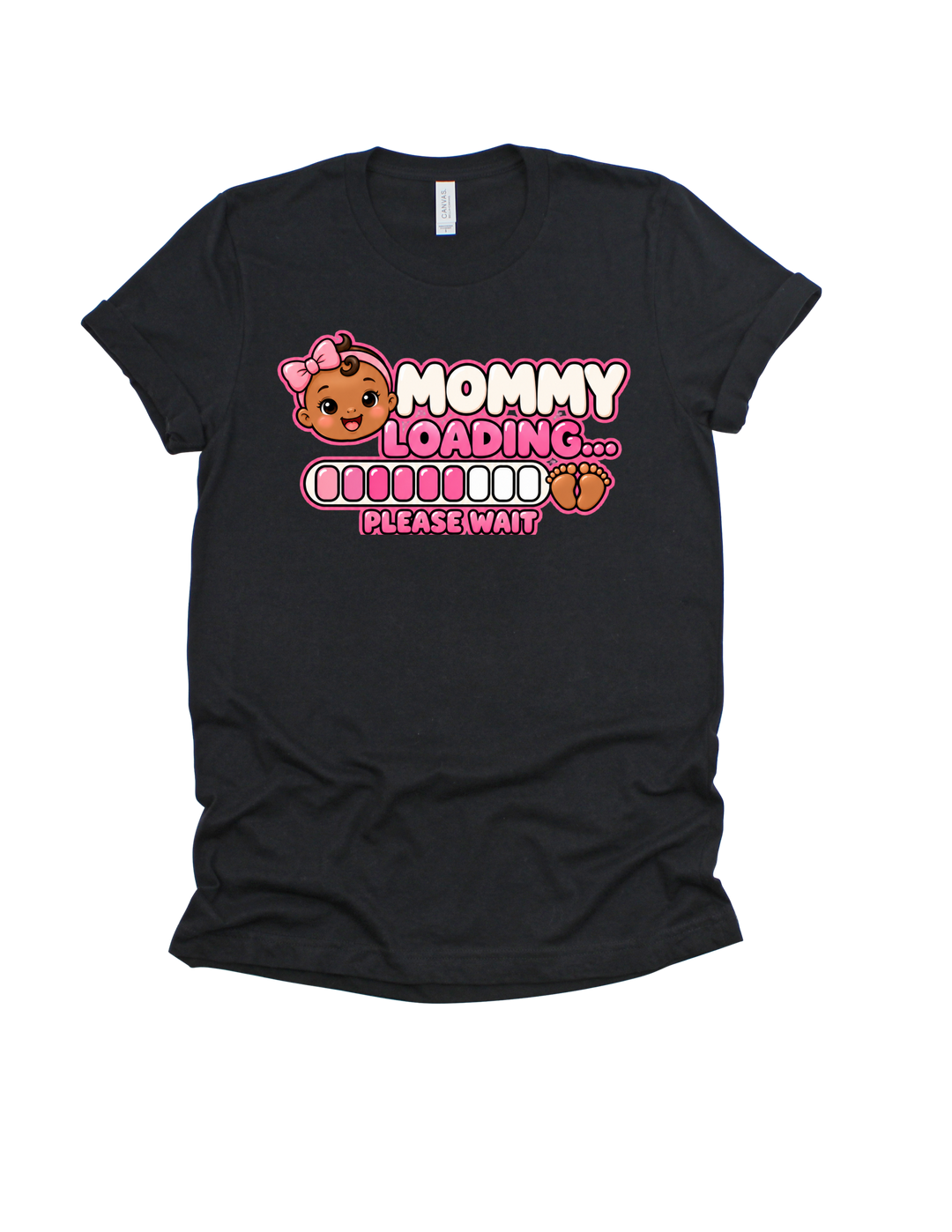 Baby Girl Loading Mommy T-shirt with medium skin tone on black