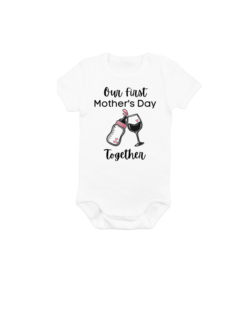 Our First Mother’s Day baby onesie with pink artwork on white