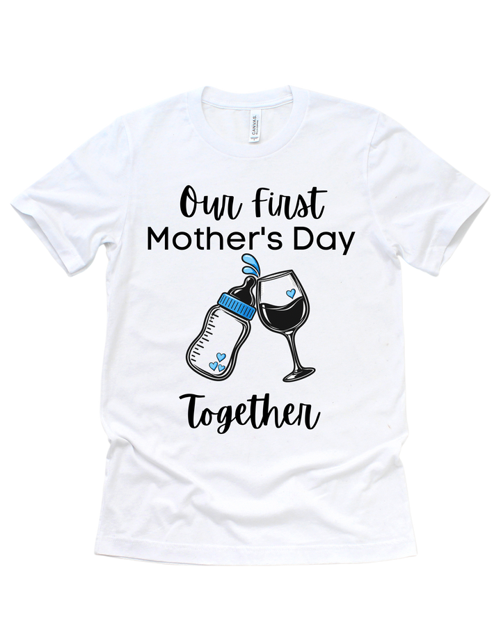 Our First Mother’s Day adult T-shirt with blue artwork on white