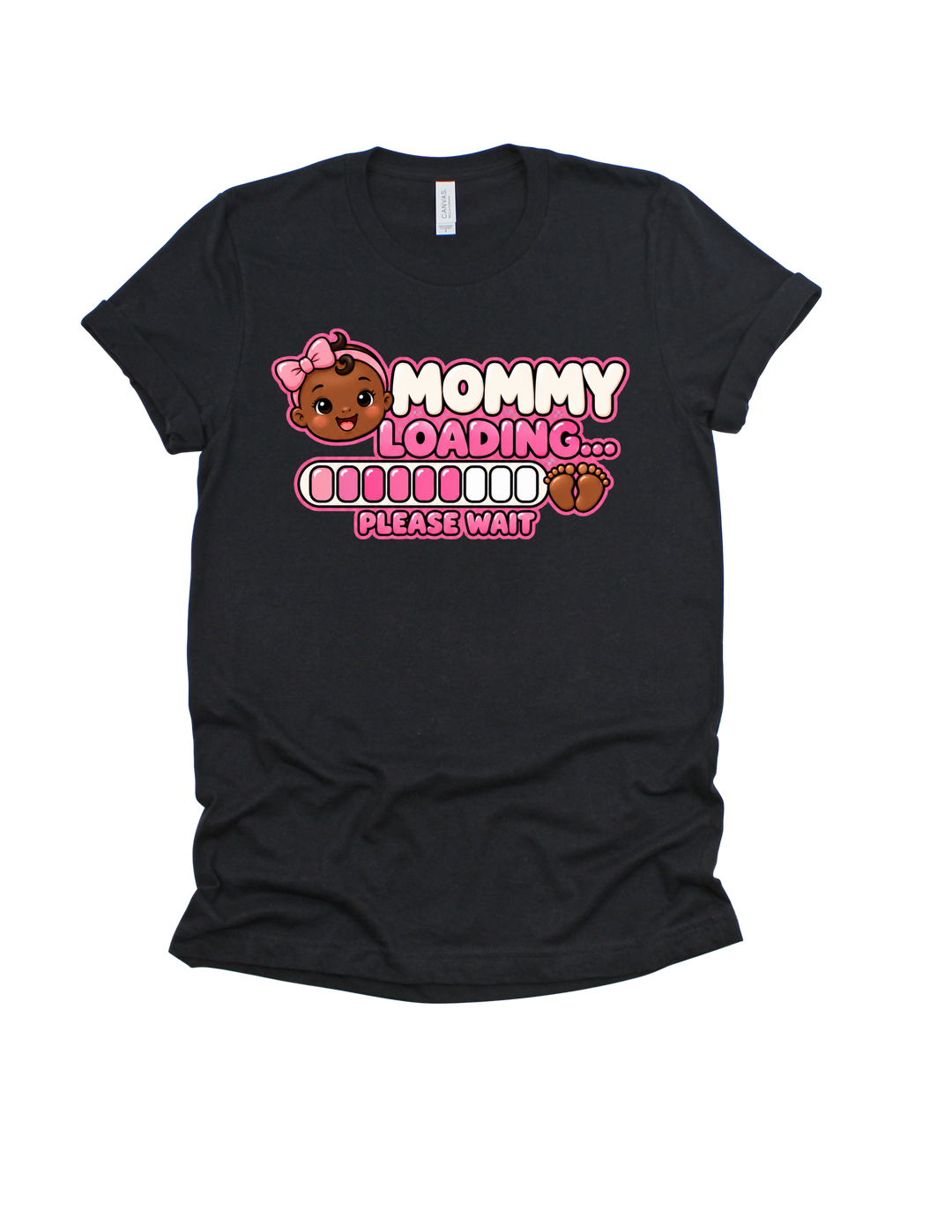 Baby Girl Loading Mommy T-shirt with dark skin tone on black