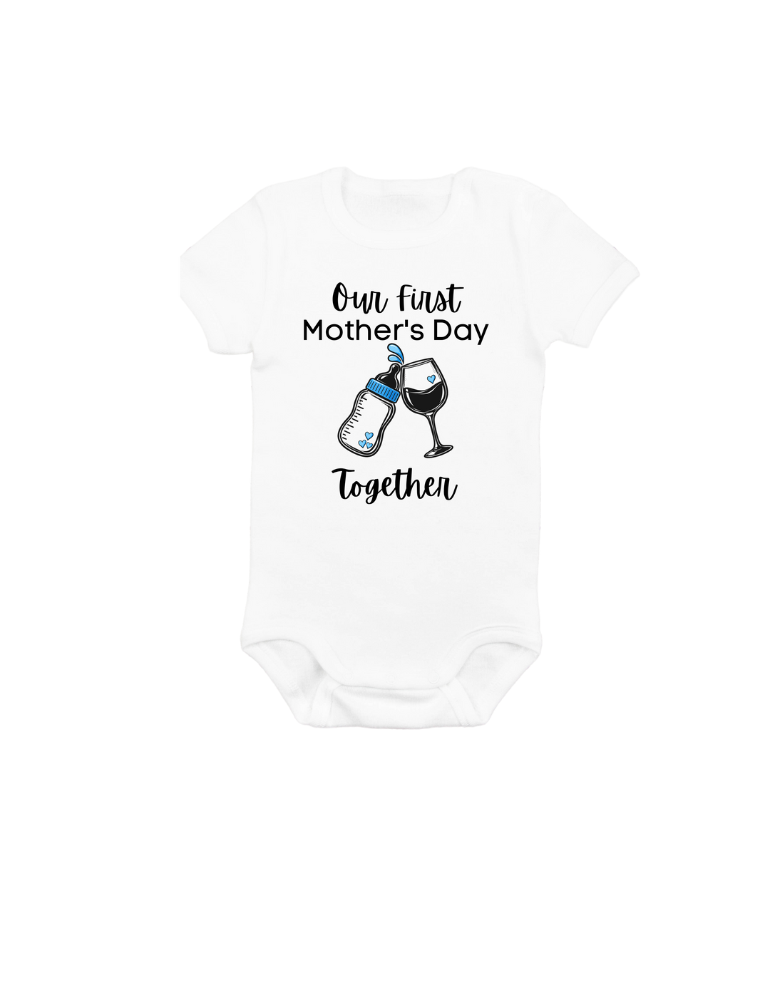 Our First Mother’s Day baby onesie with blue artwork on white
