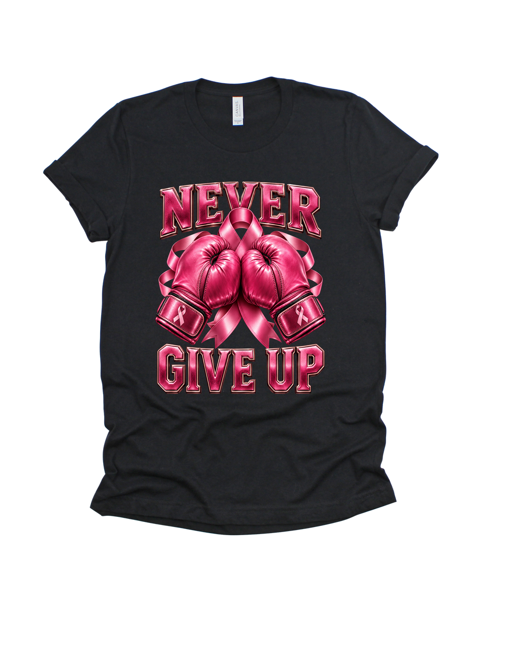 Never Give Up breast cancer awareness design on a black adult T-shirt