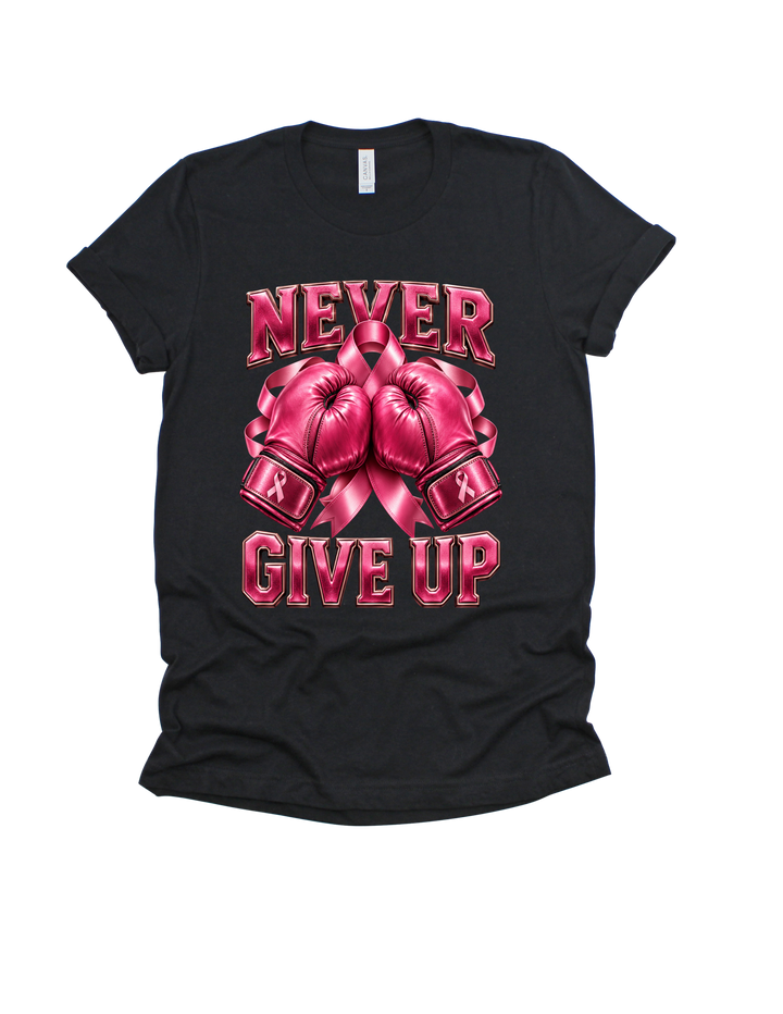 Never Give Up breast cancer awareness design on a black adult T-shirt