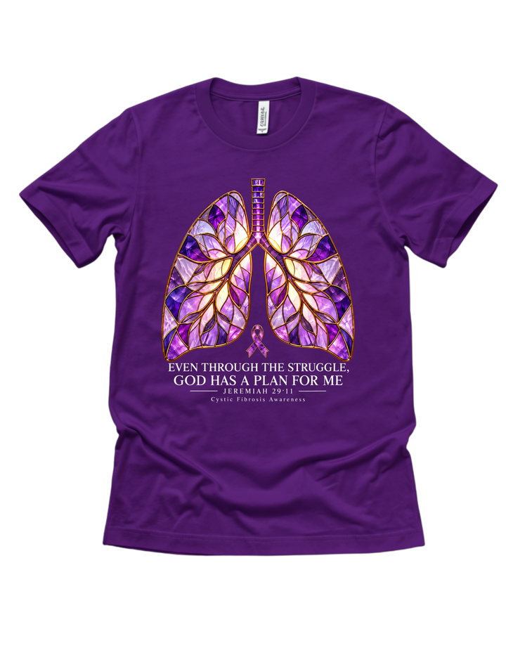 Purple cystic fibrosis awareness T-shirt with colorful lungs and God Has a Plan for Me design