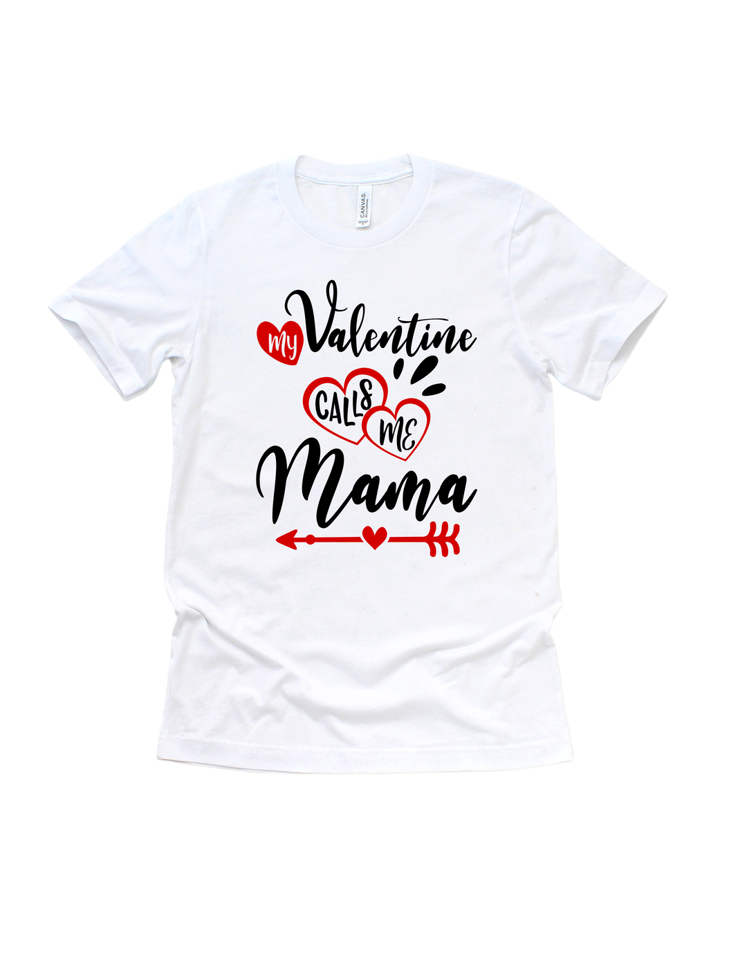 White adult T-shirt with My Valentine Calls Me Mommy design
