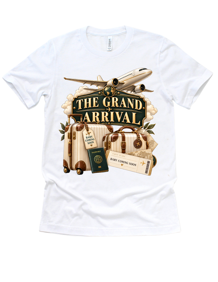 White The Grand Arrival baby shower adult T-shirt