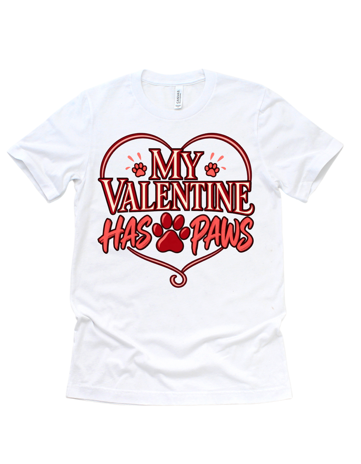 White My Valentine Has Paws adult Valentine’s Day T-shirt