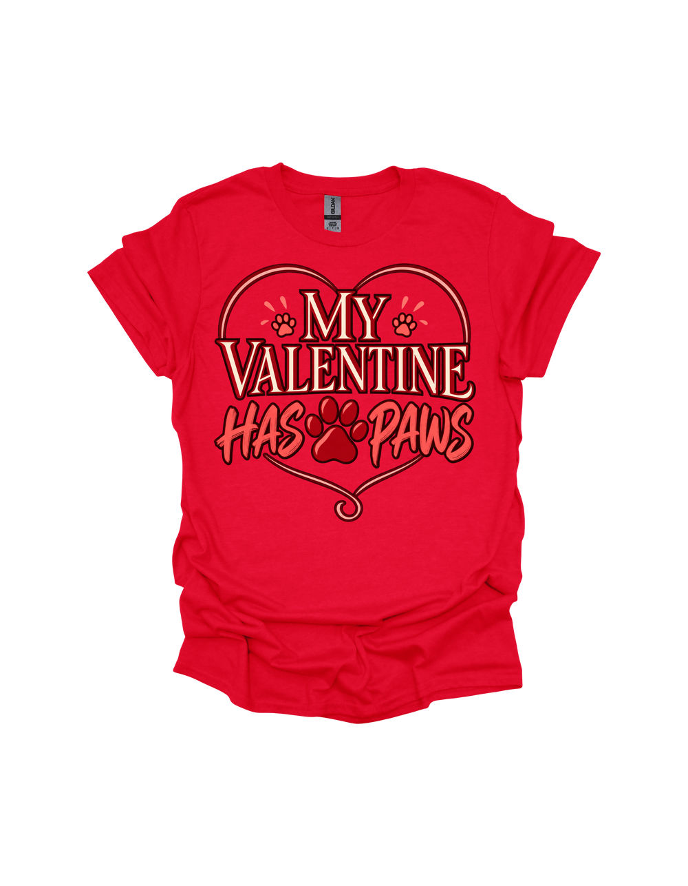 Red My Valentine Has Paws adult Valentine’s Day T-shirt