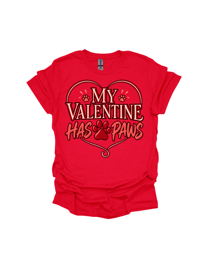 Red My Valentine Has Paws adult Valentine’s Day T-shirt