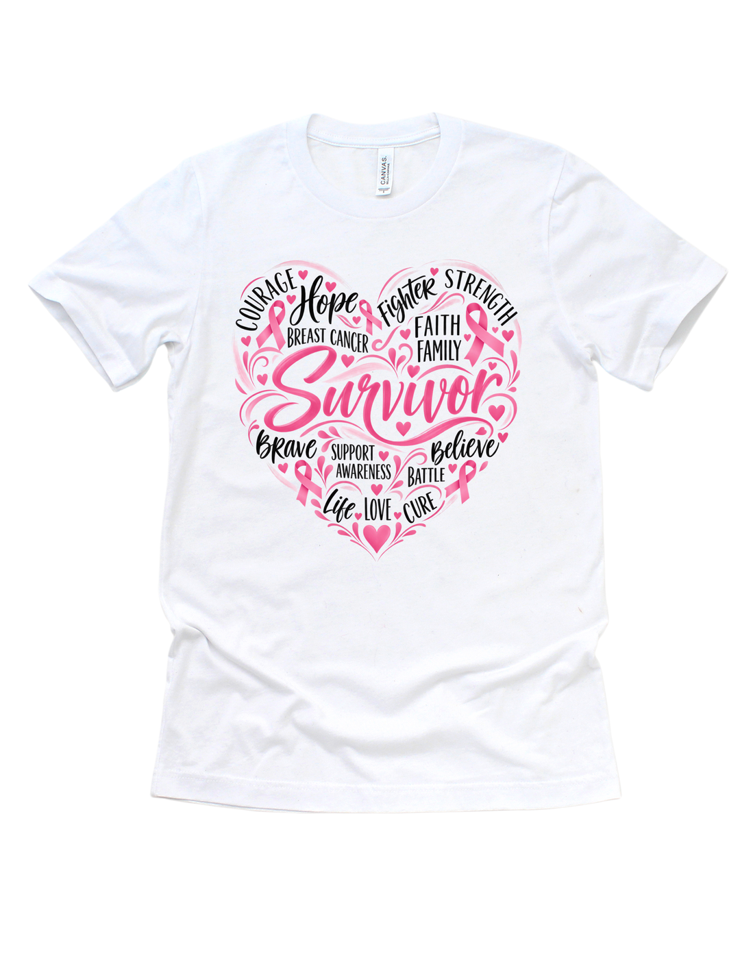 Survivor heart design surrounded by breast cancer awareness words on a white adult T-shirt