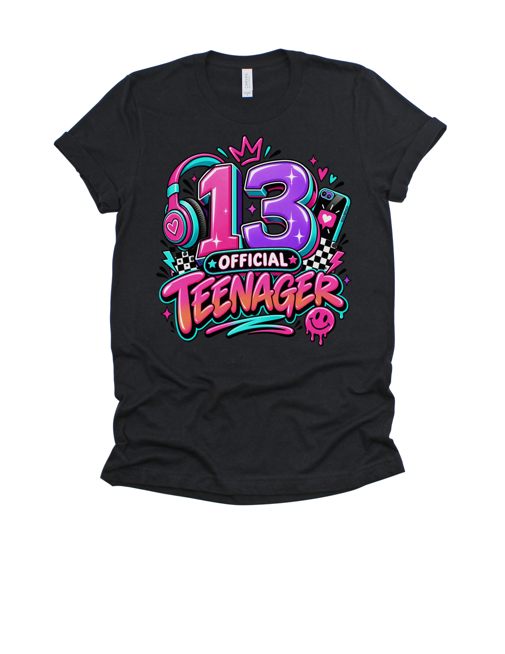 13 Official Teenager girls’ birthday design on a black youth T-shirt