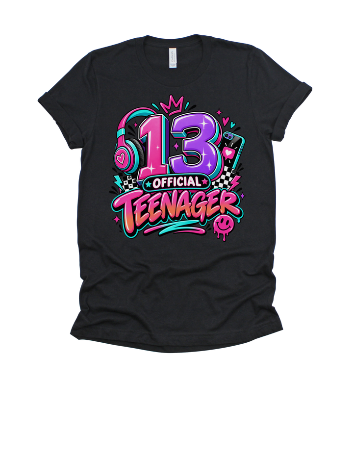 13 Official Teenager girls’ birthday design on a black youth T-shirt