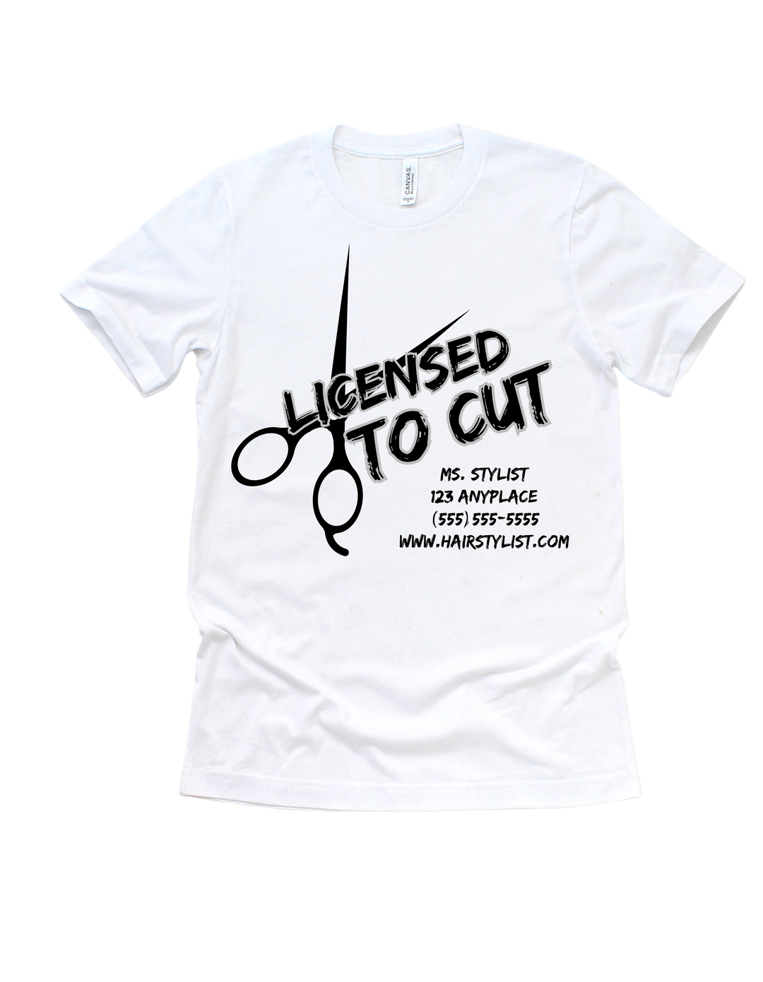 White Licensed to Cut customizable hairstylist adult T-shirt
