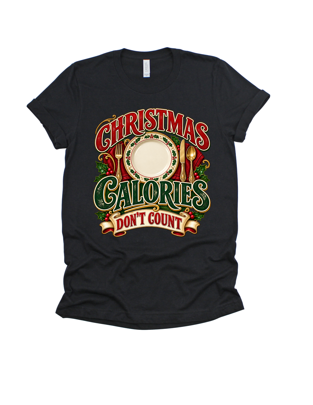 Christmas Calories Don’t Count holiday design on a black adult T-shirt