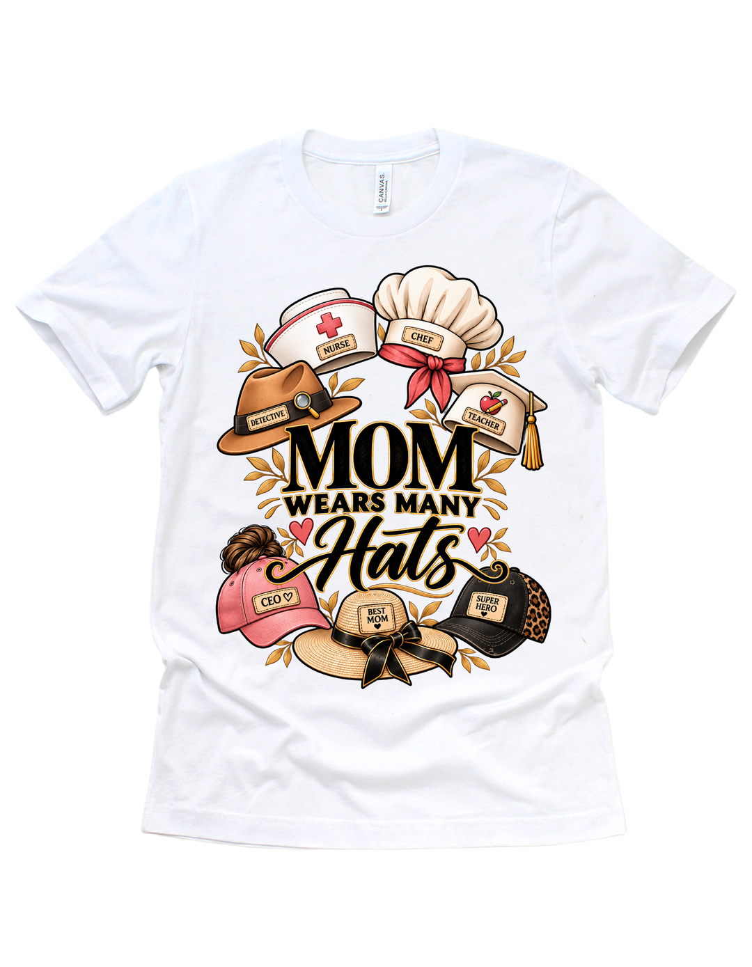 Mom Wears Many Hats T-shirt in white