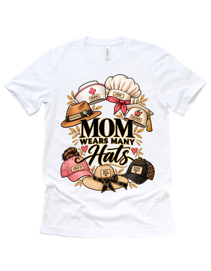 Mom Wears Many Hats T-shirt in white
