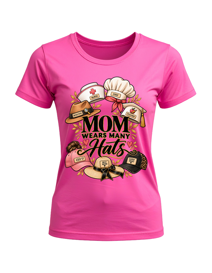 Mom Wears Many Hats T-shirt in pink