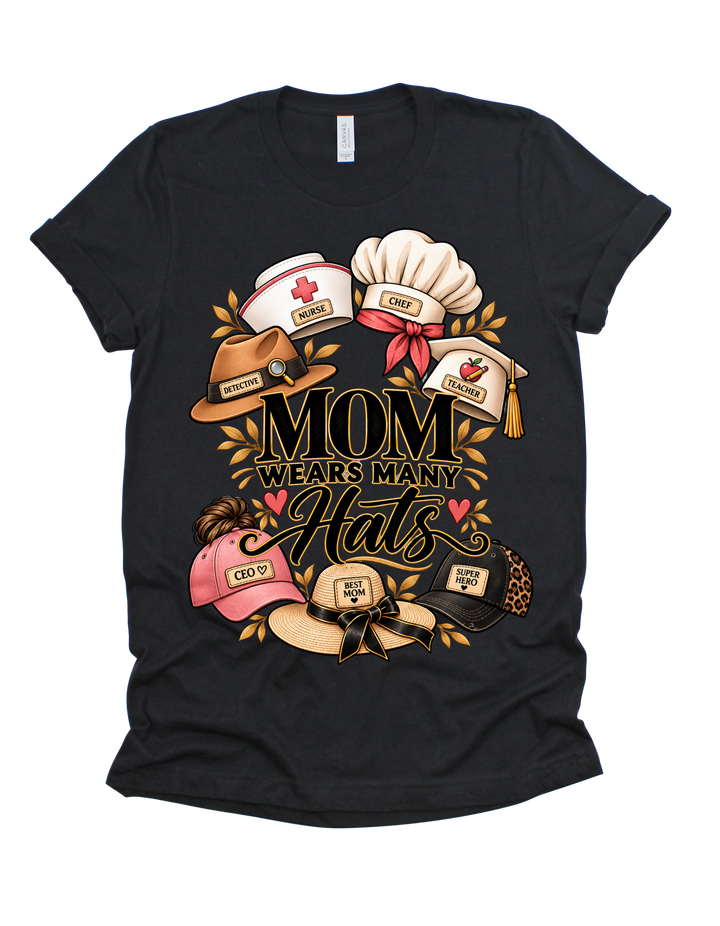 Mom Wears Many Hats T-shirt in black