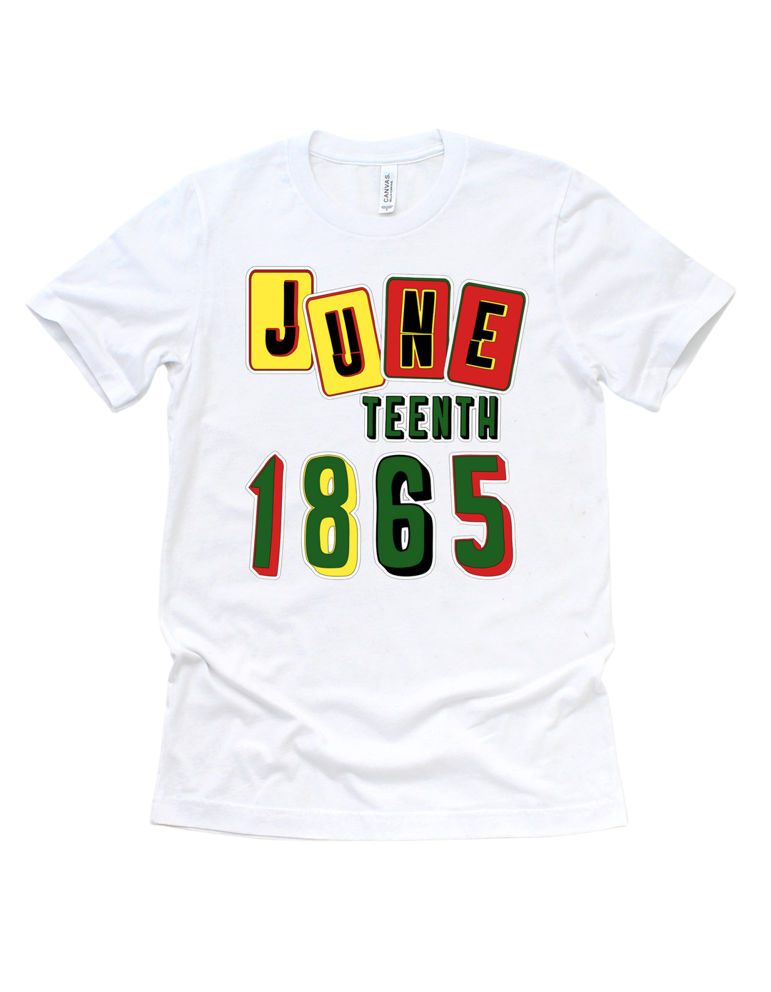 Black woman with Juneteenth words in her Afro on a white T-shirt
