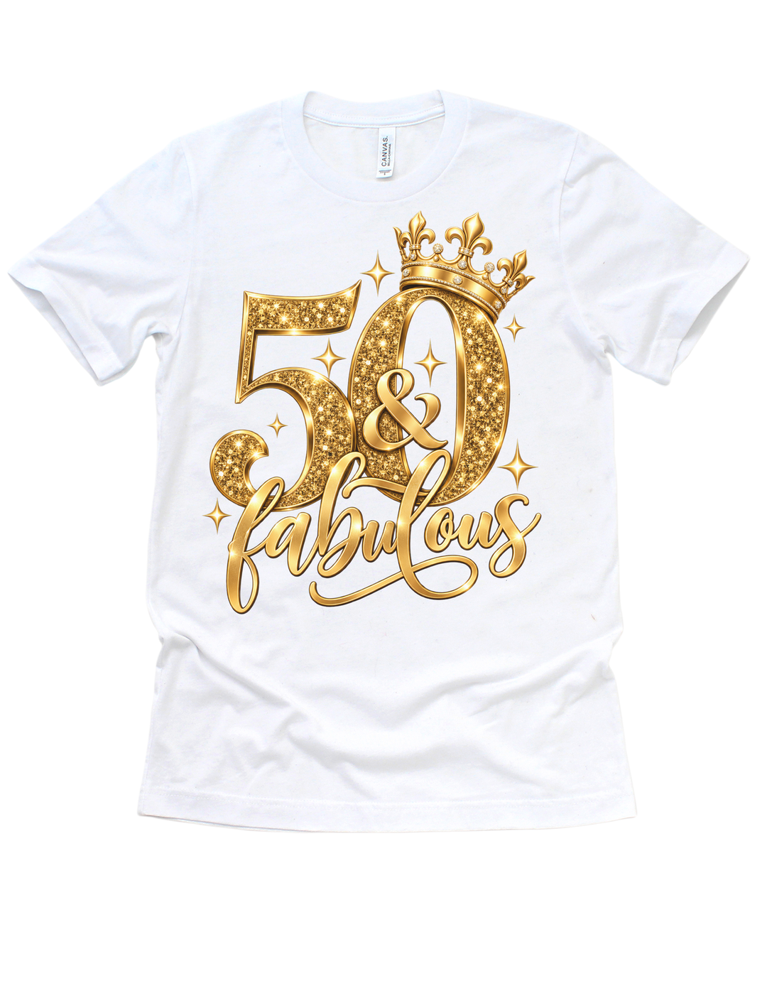 50 &amp; Fabulous gold birthday design on a white adult T-shirt