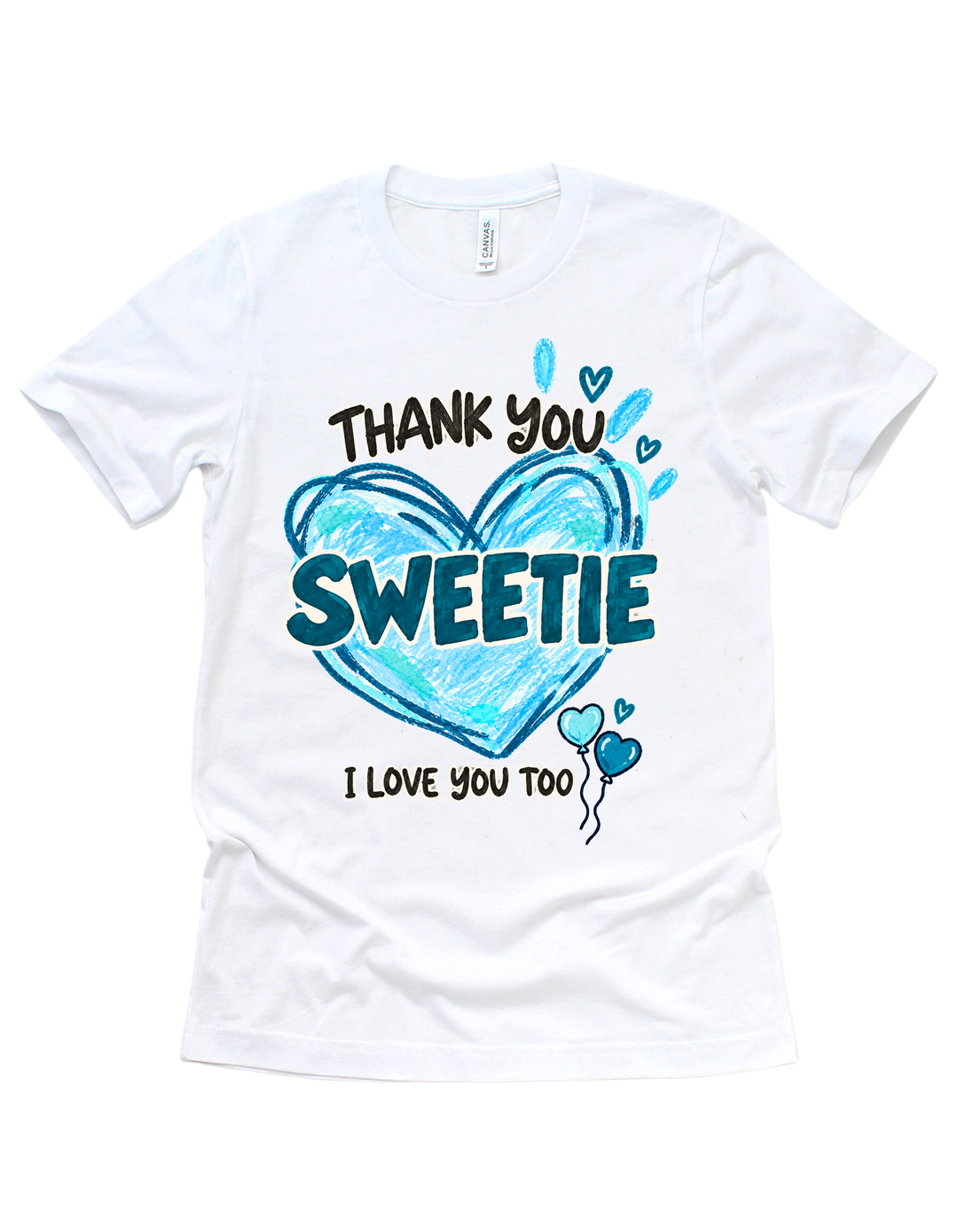 Thank You Sweetie adult T-shirt with blue artwork on white