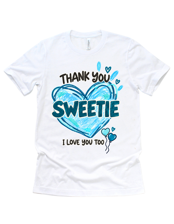 Thank You Sweetie adult T-shirt with blue artwork on white