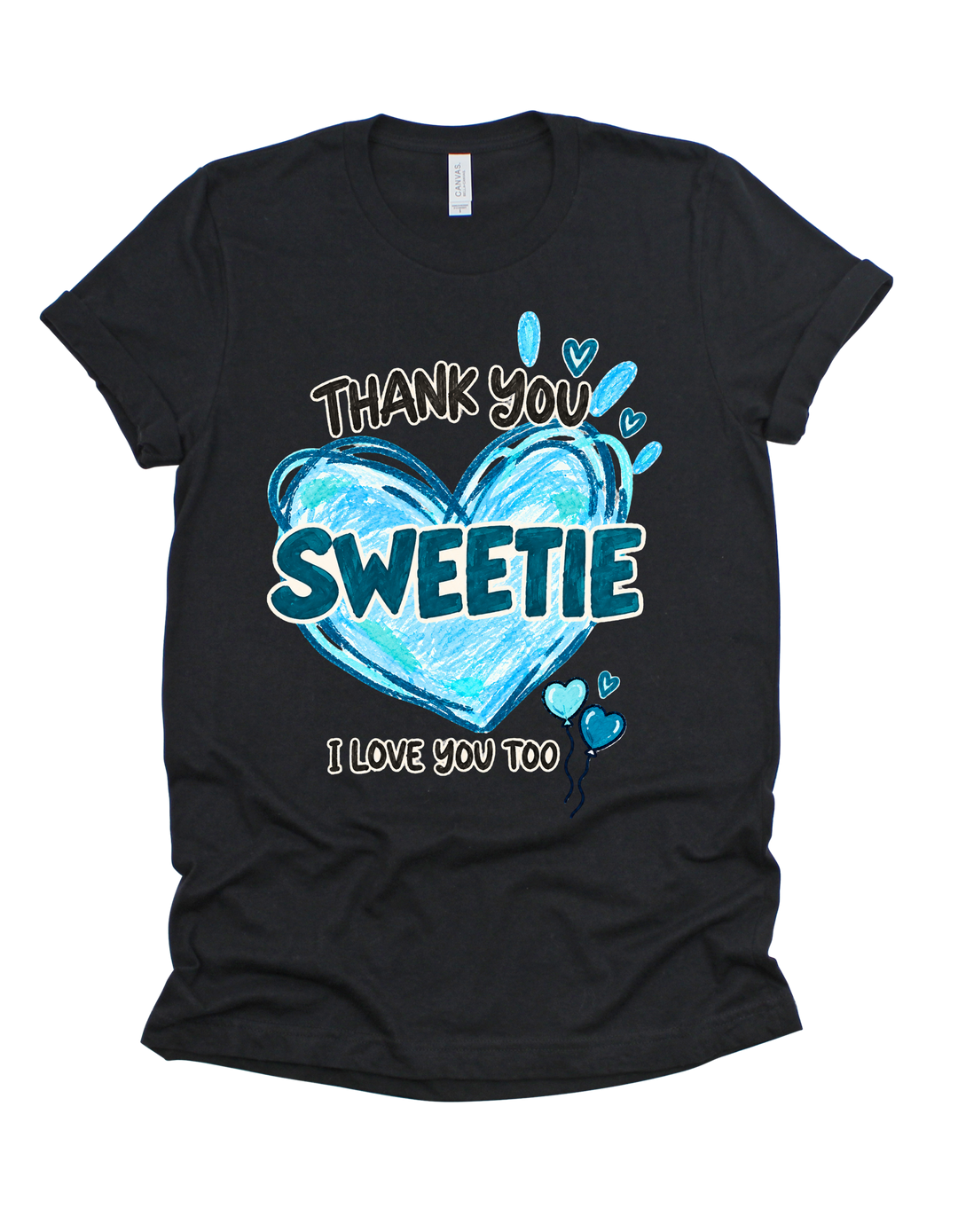 Thank You Sweetie adult T-shirt with blue artwork on black