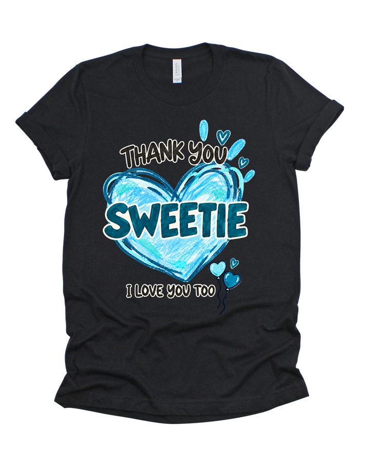 Thank You Sweetie adult T-shirt with blue artwork on black