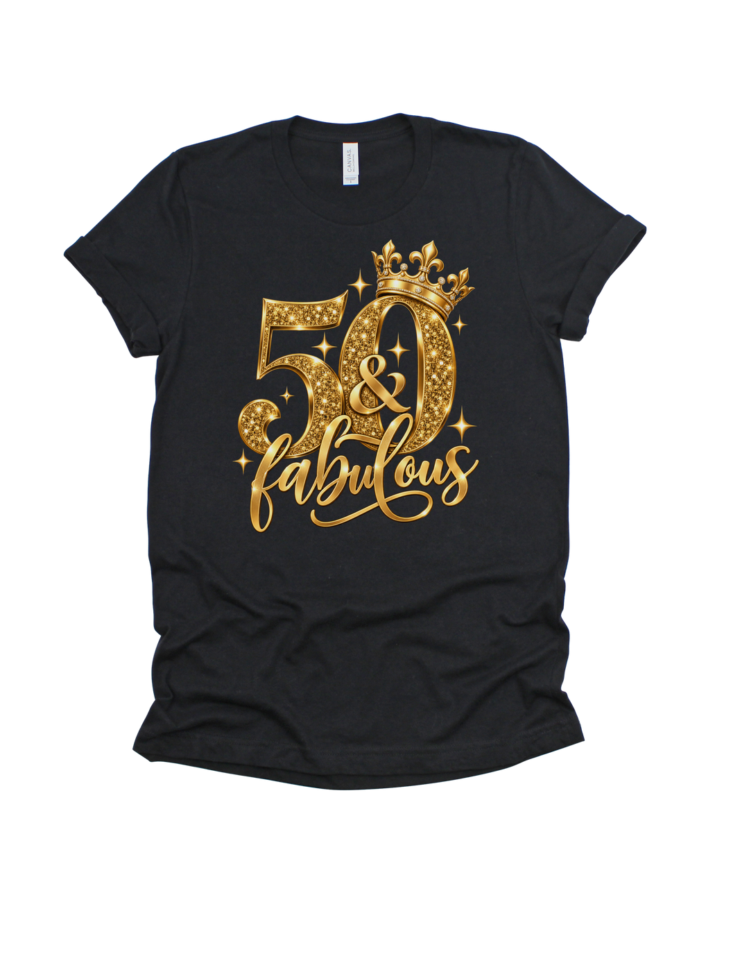 50 &amp; Fabulous gold birthday design on a black adult T-shirt
