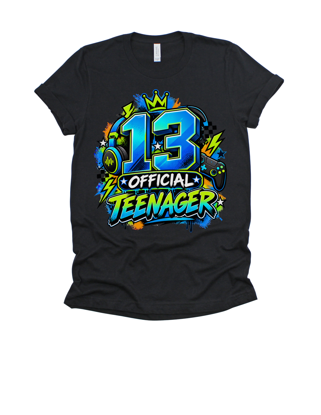 13 Official Teenager boys’ birthday design on a black T-shirt