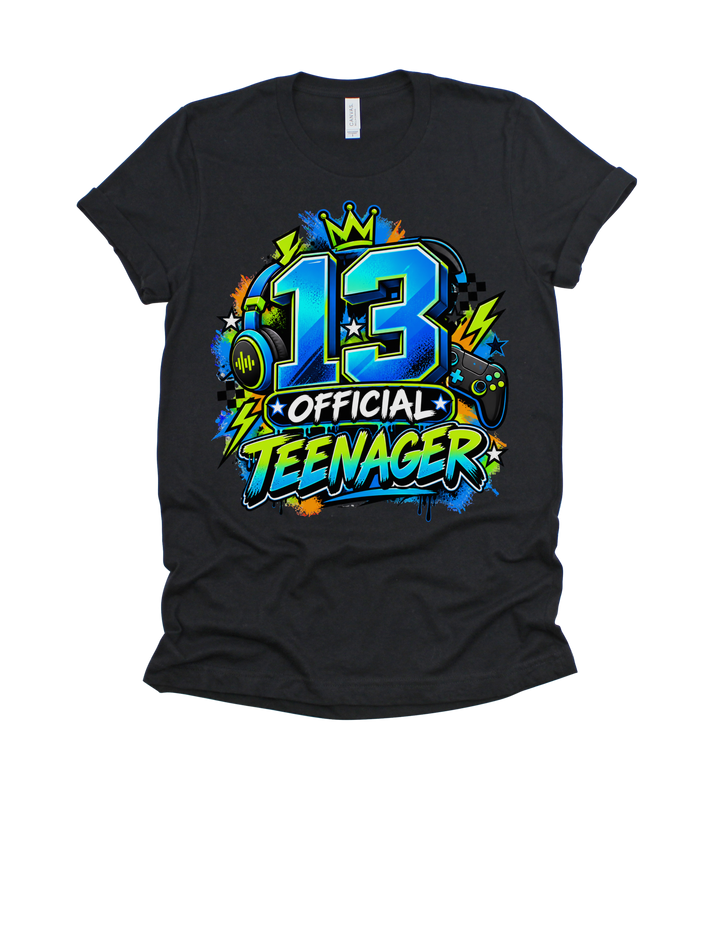 13 Official Teenager boys’ birthday design on a black T-shirt