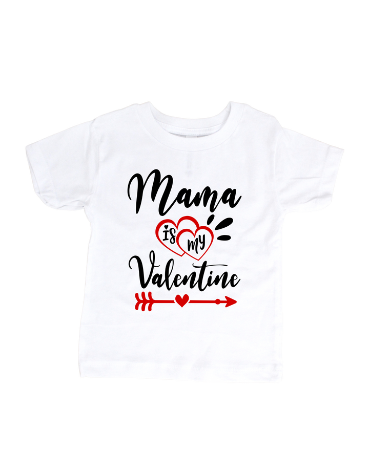 White toddler T-shirt with Mommy Is My Valentine design
