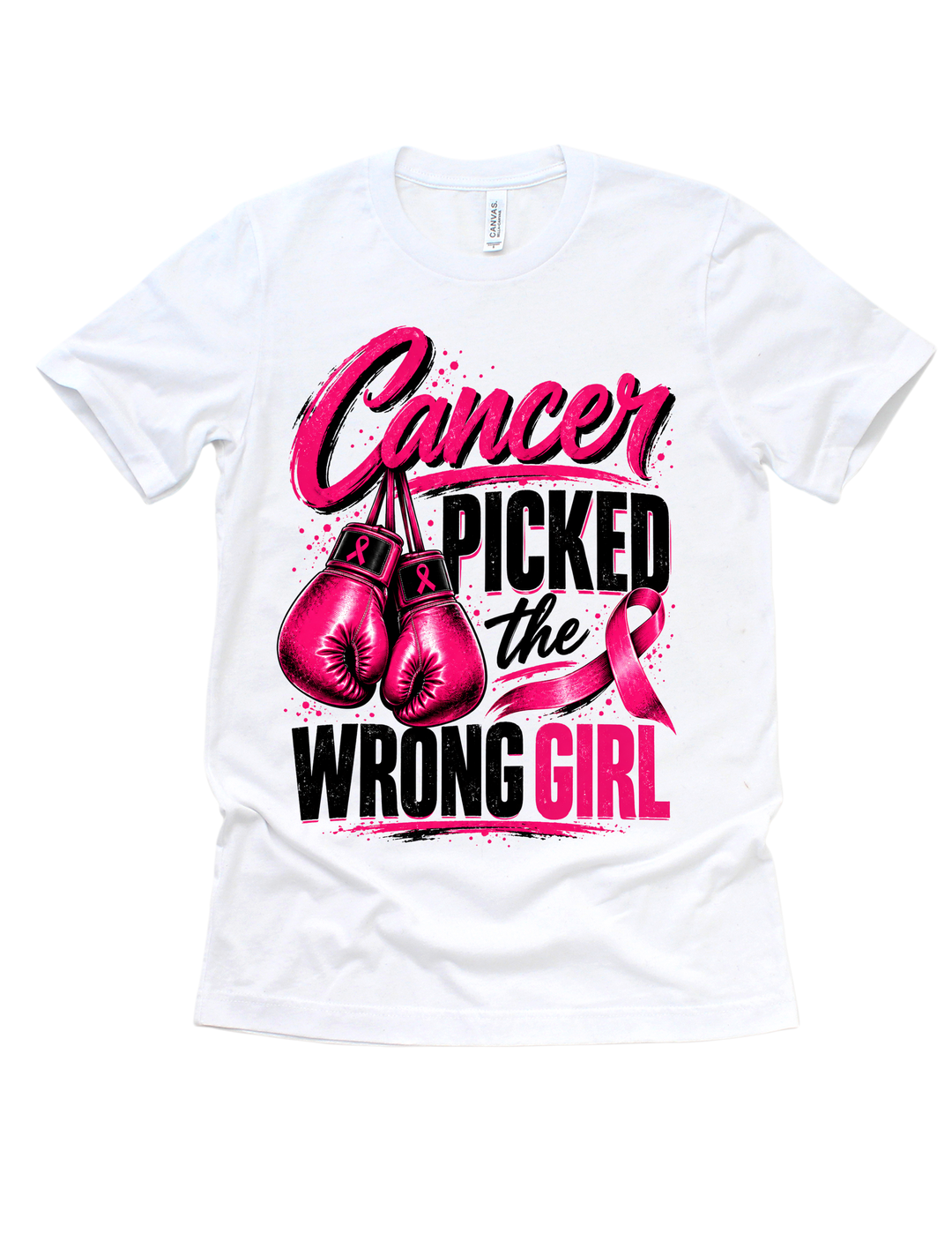 Cancer Picked the Wrong Girl breast cancer awareness design on a white adult T-shirt