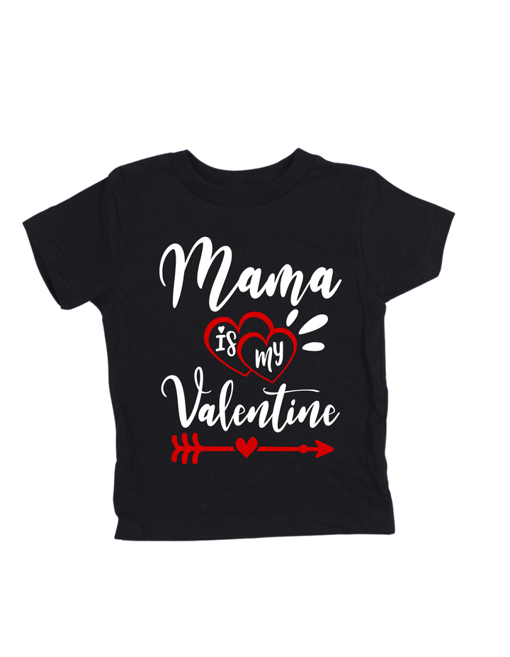 Black toddler T-shirt with Mommy Is My Valentine design