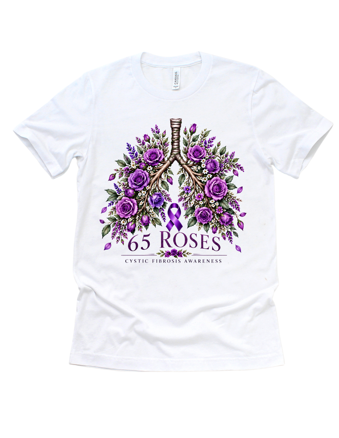 White 65 Roses cystic fibrosis awareness T-shirt with purple roses surrounding illustrated lungs